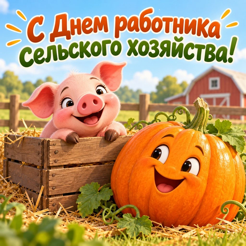 Милая открытка ко Дню работника сельского хозяйства с поросенком и тыквой