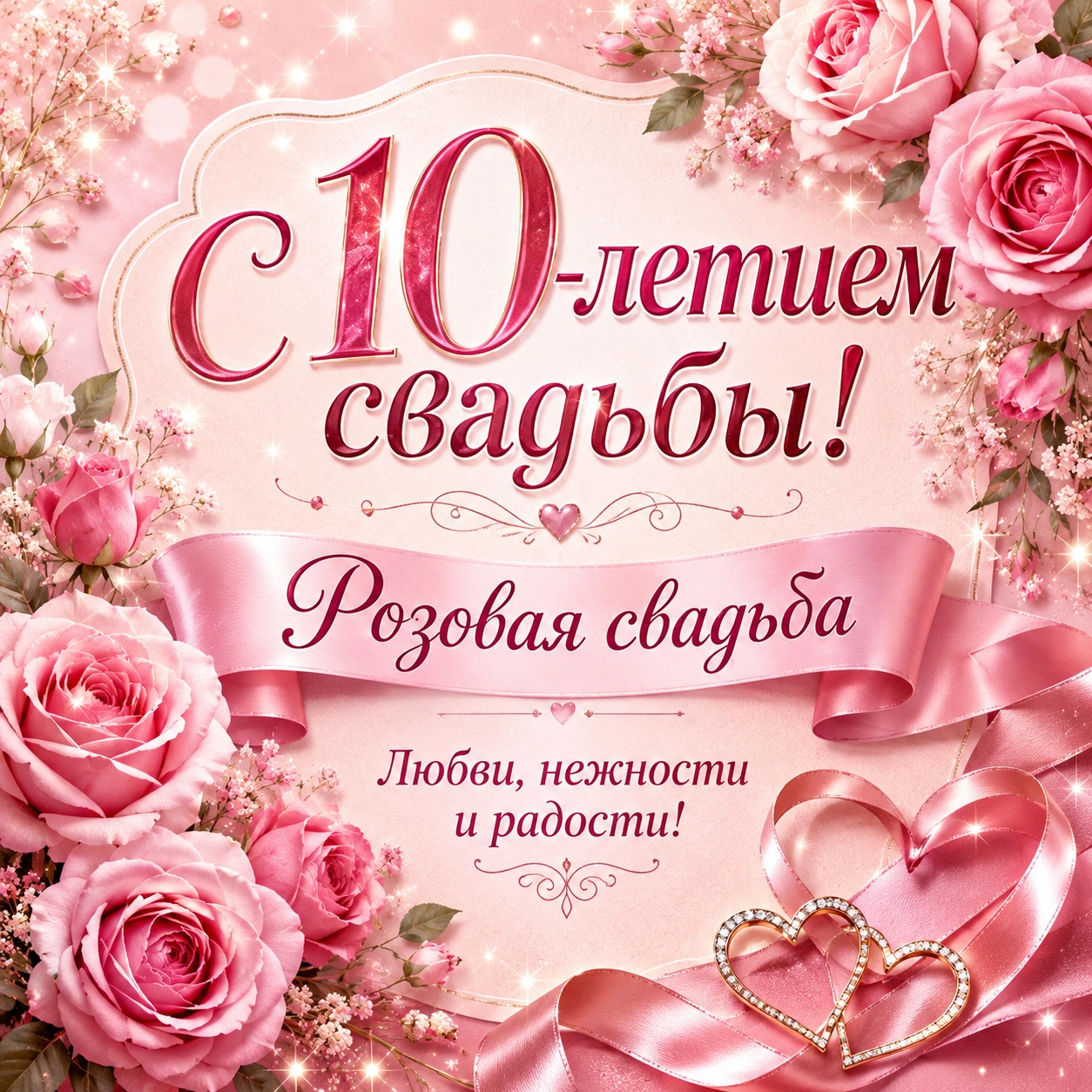 Роскошная открытка с розовой свадьбой и пожеланием любви, нежности и радости