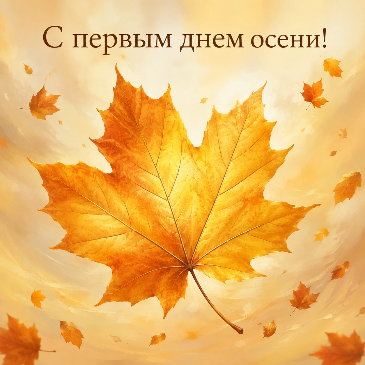 Открытка с первым днем осени с кленовым листом