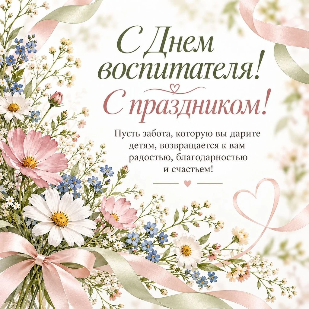 Нежная открытка с Днем воспитателя с цветами и пожеланием
