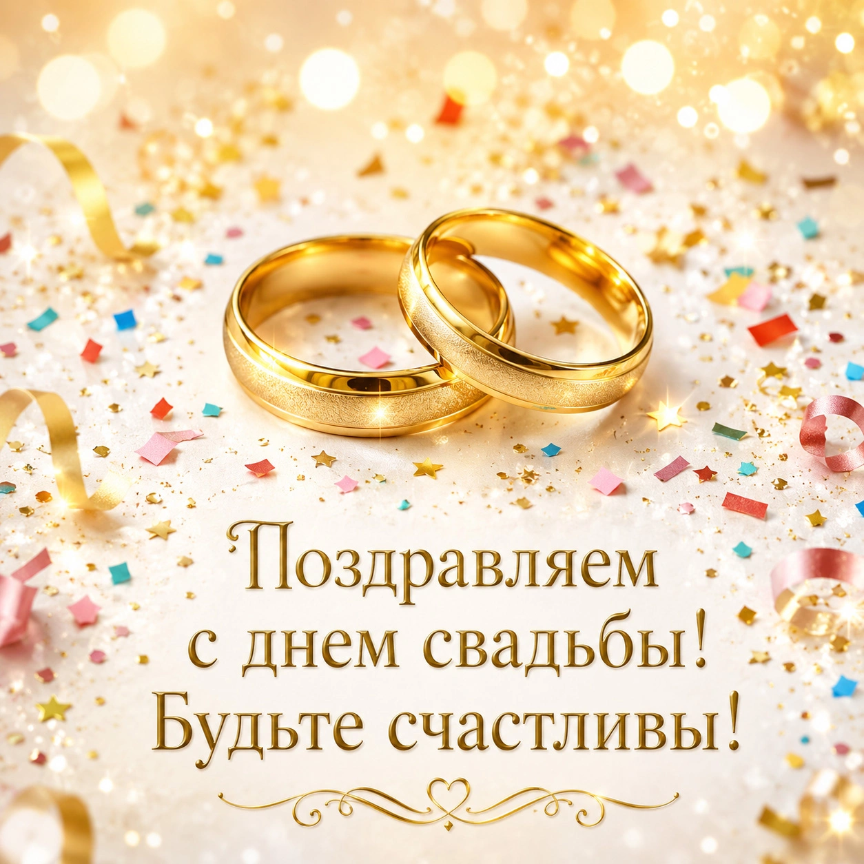 Праздничная открытка ко дню свадьбы с надписью «Поздравляем с днем свадьбы! Будьте счастливы!»