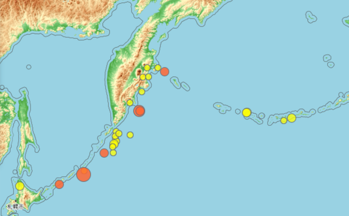 У Курильских островов произошла серия землетрясений с магнитудами до 6,5