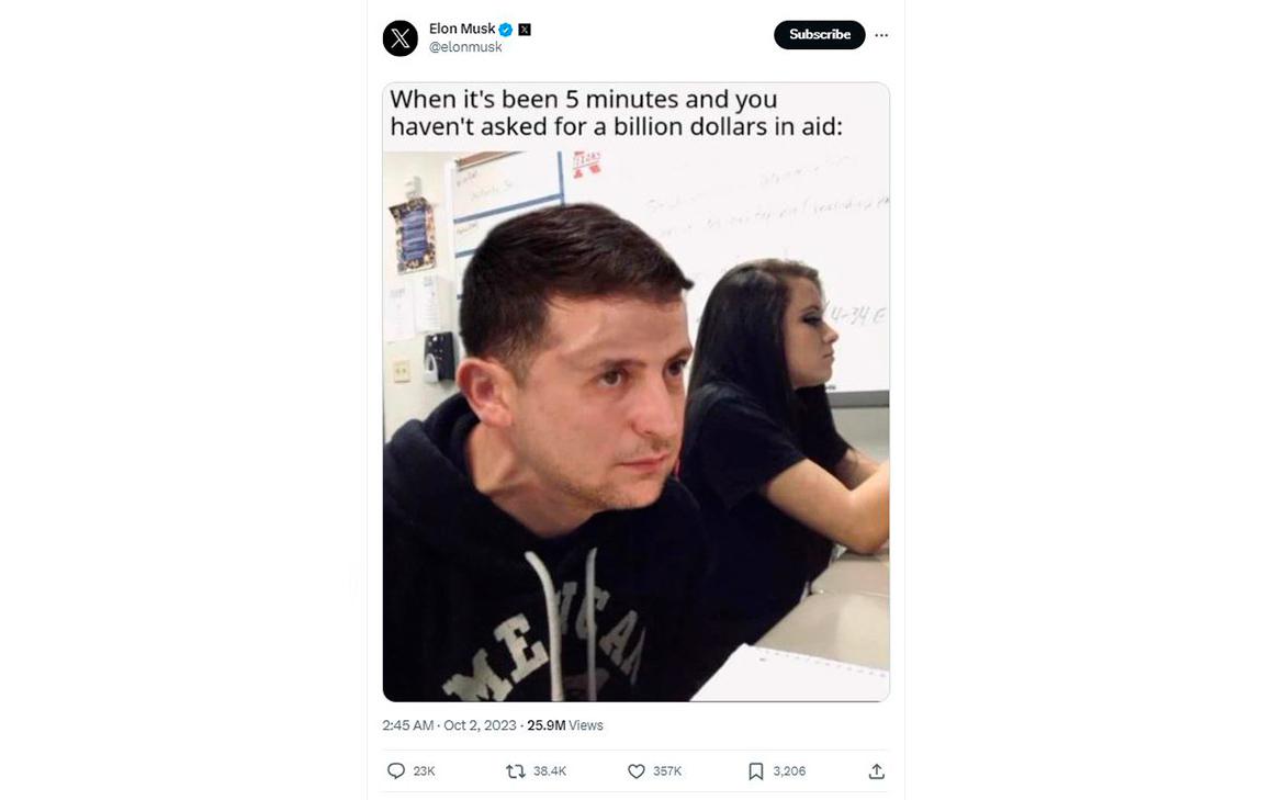 Маск опубликовал мем с Зеленским, просящим помощи для Украины