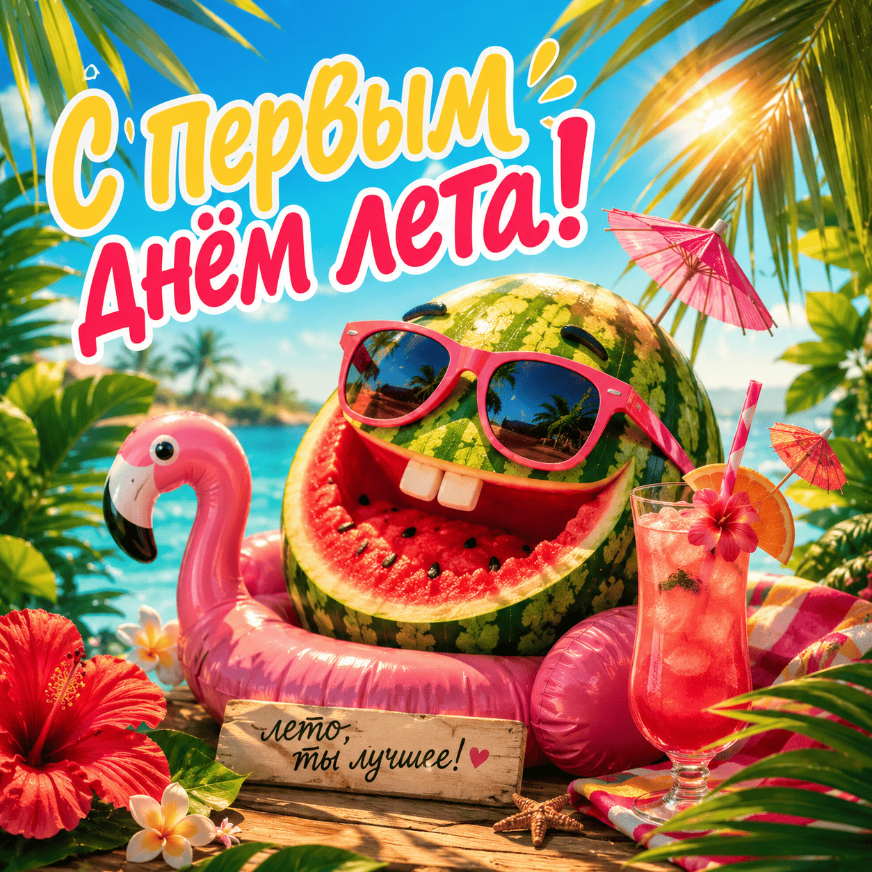 Открытка с арбузом в очках и надписью «С первым днем лета!»