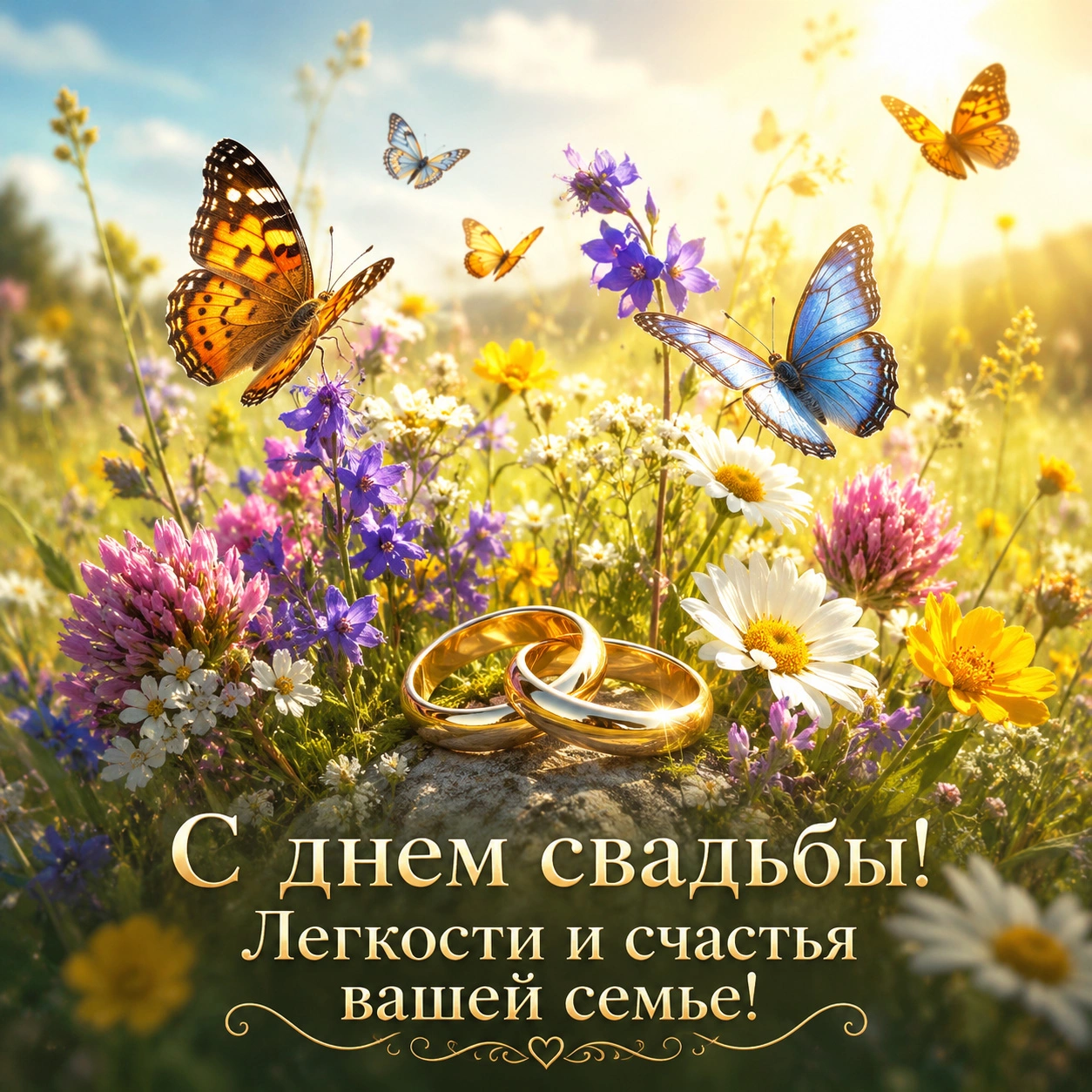 Открытка с бабочками и пожеланием на день свадьбы «Легкости и счастья вашей семье!»