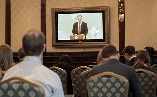 Во время выступления президента Владимира Путина на&nbsp;съезде Российского союза промышленников и&nbsp;предпринимателей 24 марта 2016 года
