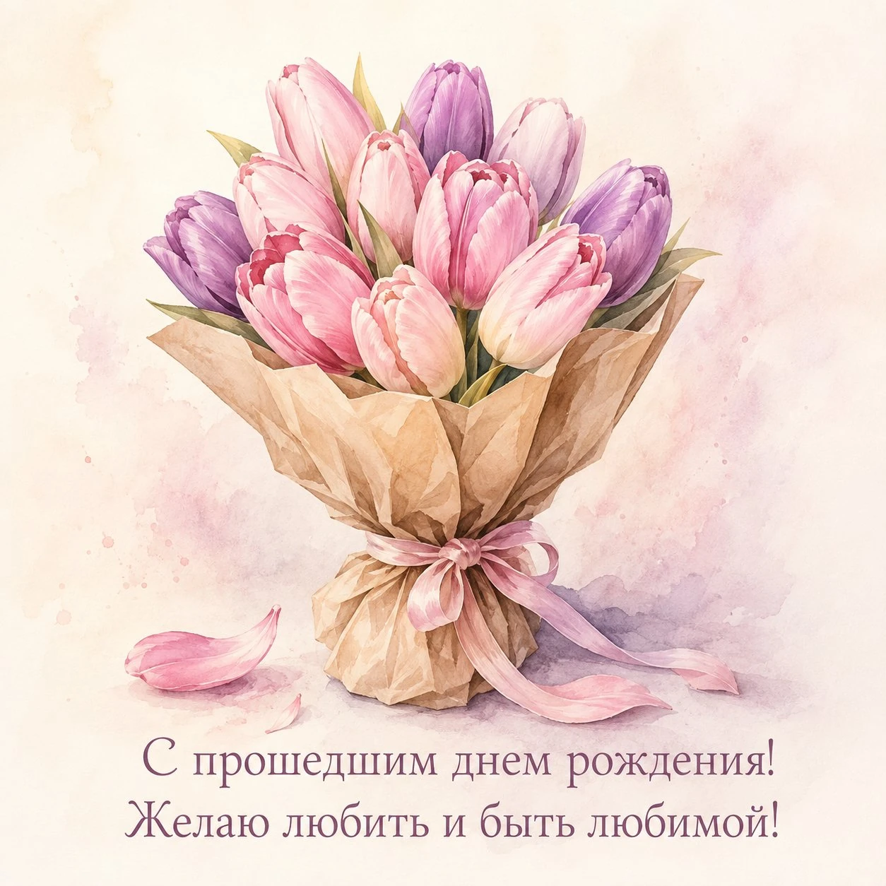 Акварельная открытка с прошедшим днем рождения с пожеланием любви