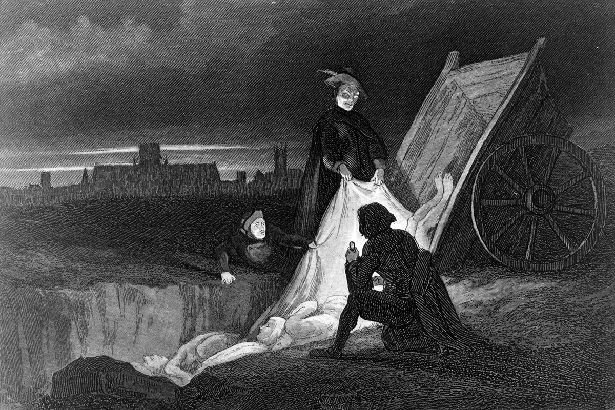 Сбрасывание тел с телеги в братскую могилу во время Великой чумы, 1665 год