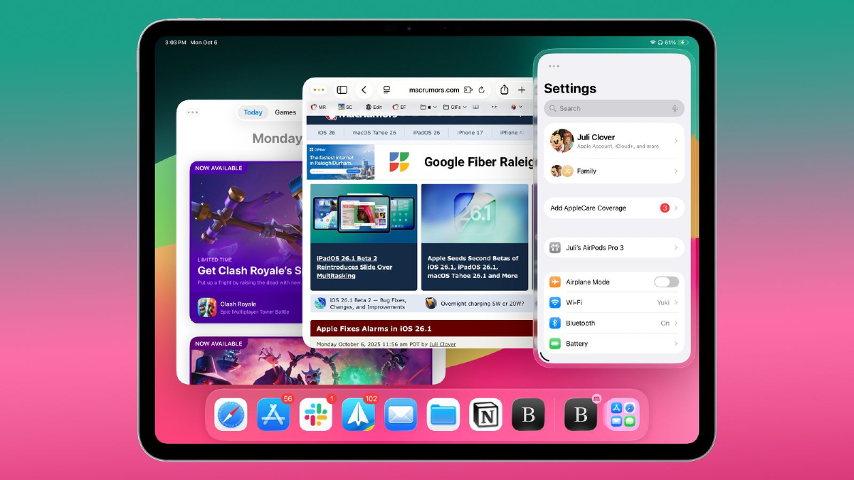 Функция многозадачности Slide Over, которую вернули в iPadOS 26.1 beta 2