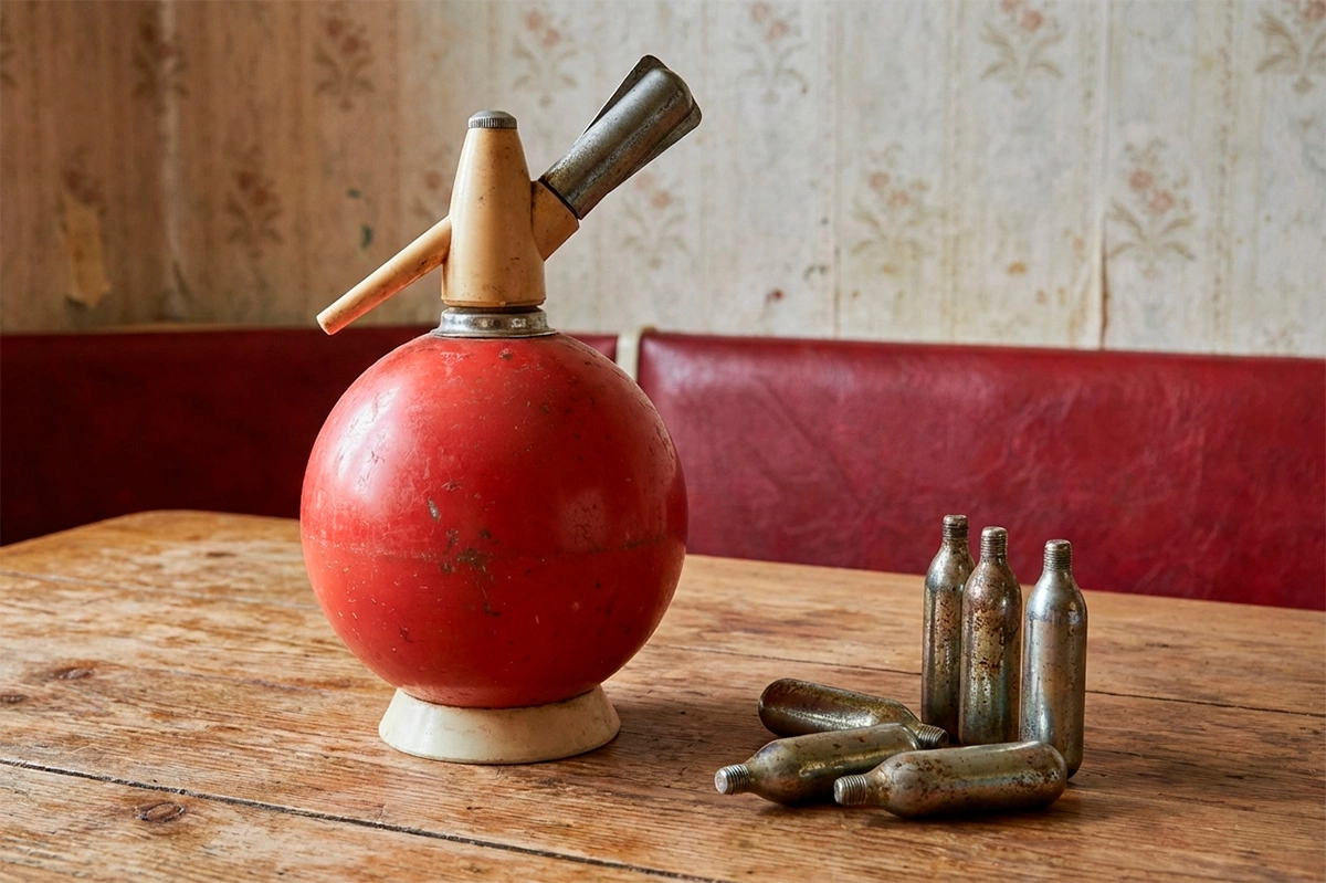 Чтобы сифон превратил жидкость в газированную нужны были специальные металлические баллончики со сжиженным углекислым газом