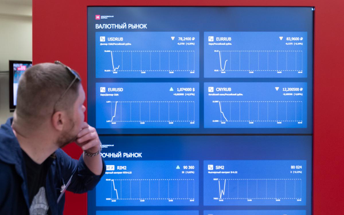Информационный стенд с графиками фондовых и валютных рынков в офисе Московской биржи