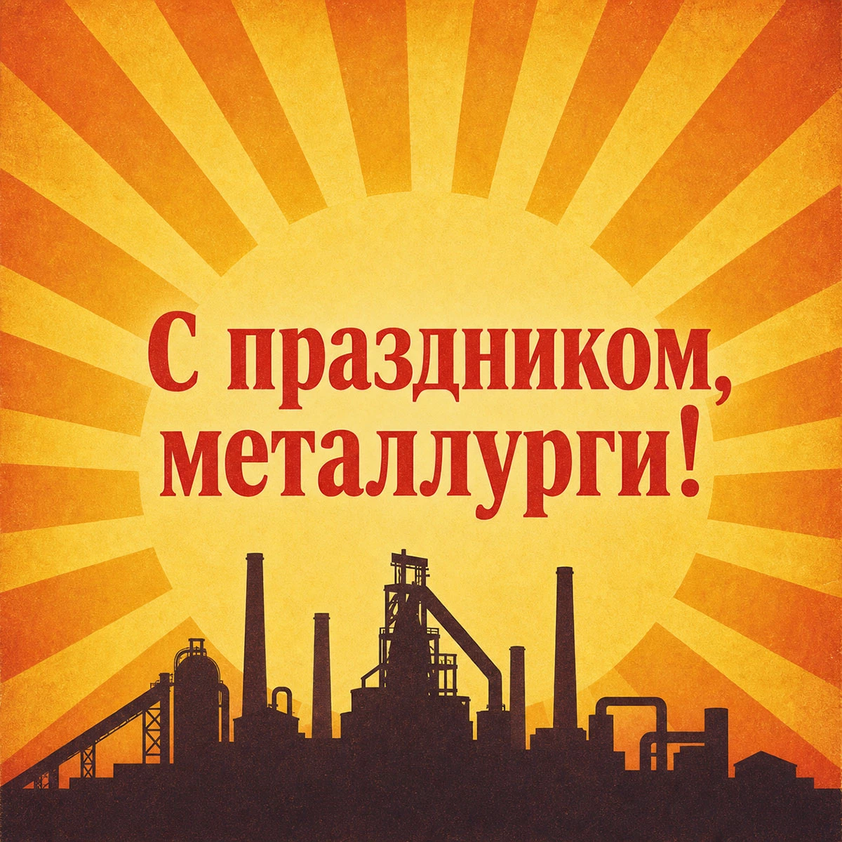 Яркая открытка с надписью «С праздником, металлурги!»