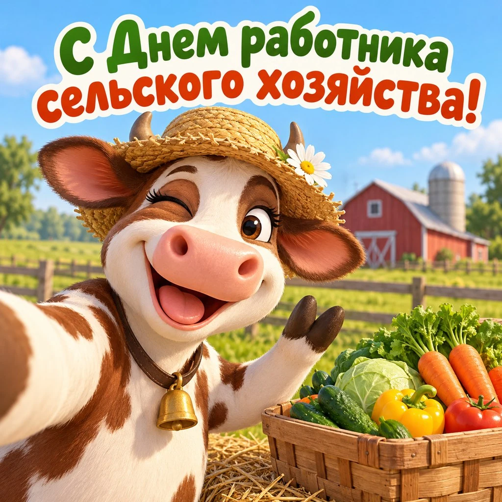 Прикольная открытка ко Дню работника сельского хозяйства с коровой в шляпе