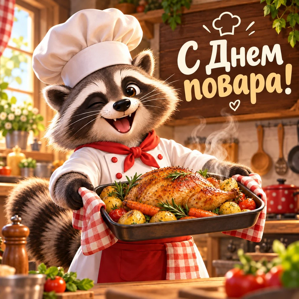 Забавная открытка ко Дню повара с енотом
