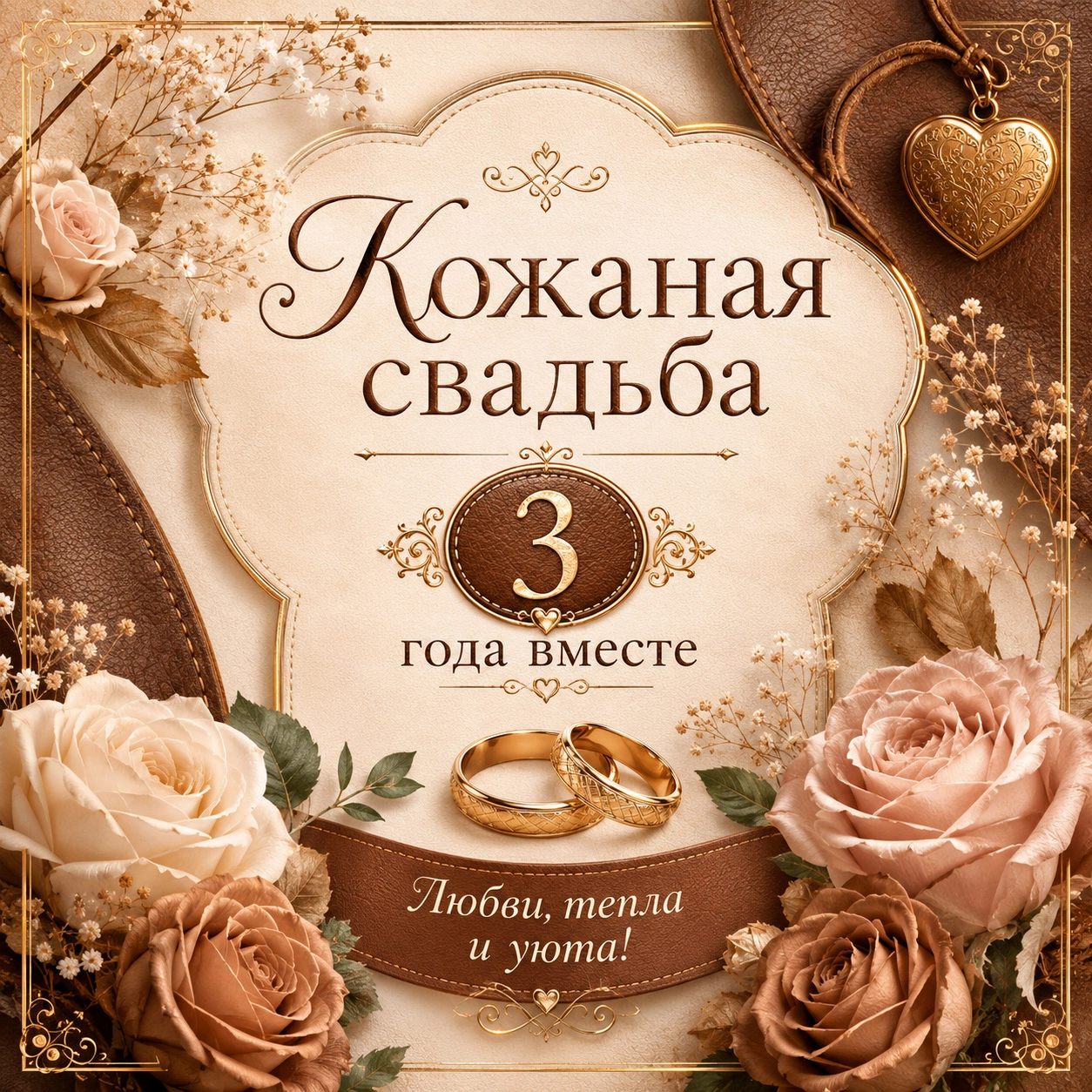 Открытка с розами и поздравлением с кожаной свадьбой