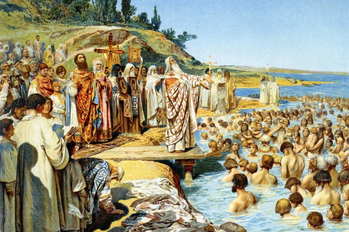 Литография Клавдия Лебедева «Крещение киевлян», 1916 год