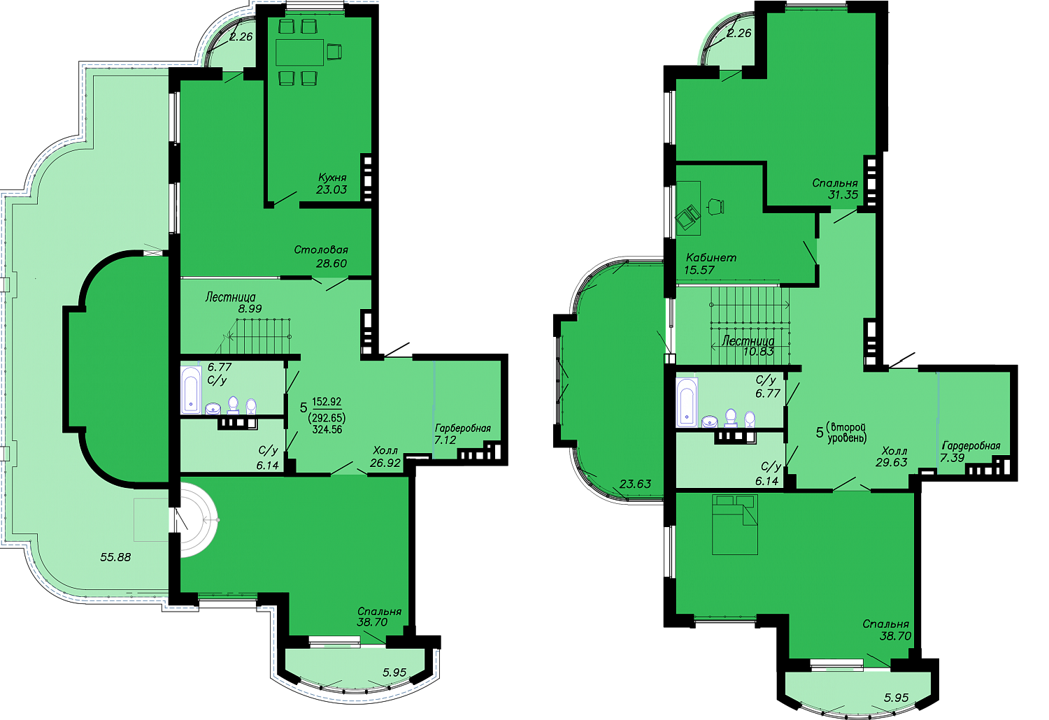 Планировка двухуровневой квартиры в доме на Гражданской, 11, общей площадью 324,5 кв. м, панорамным остеклением и видом на городской пруд.
