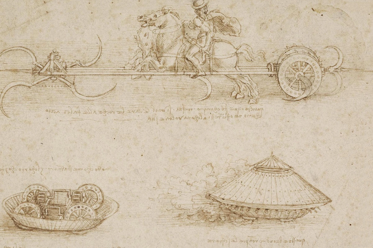 Рисунки Леонардо да Винчи, изображающие серпоносную колесницу и боевую машину