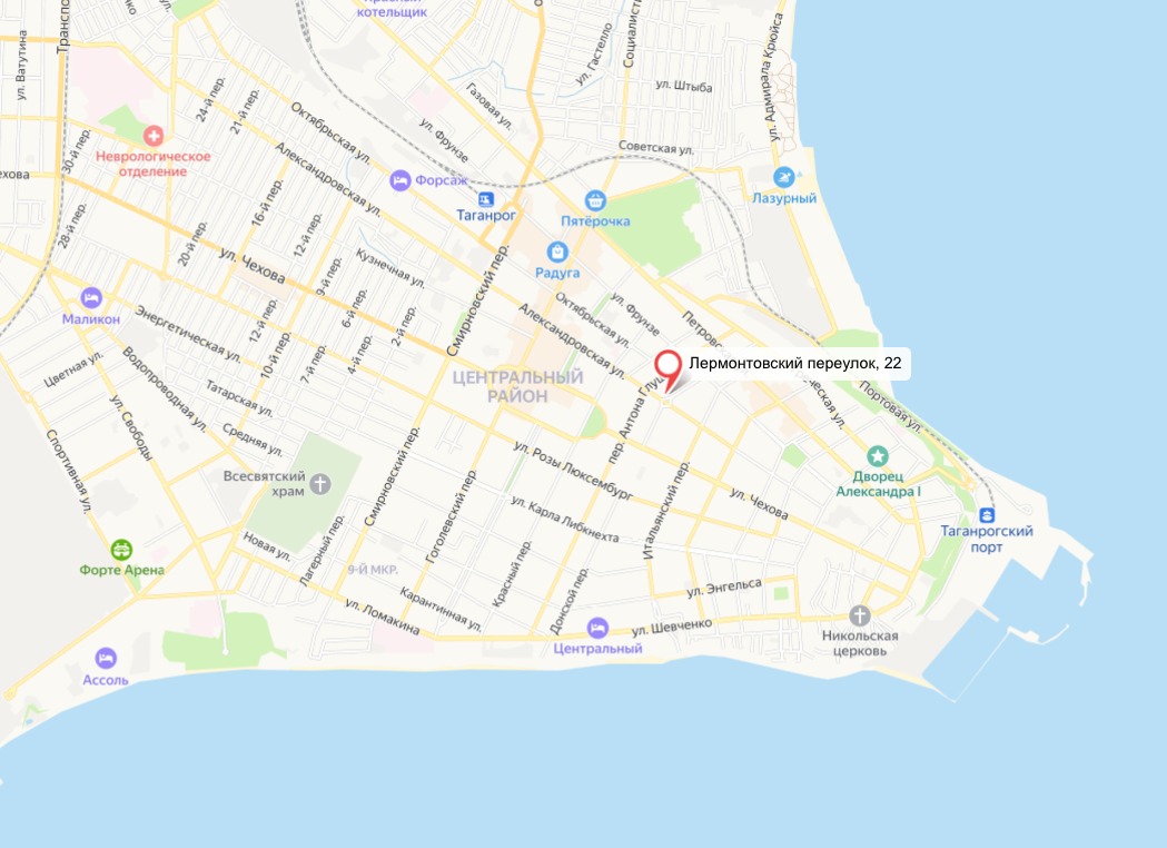 Место взрыва в Таганроге на карте: по словам губернатора Василия Голубева, ЧП произошло по адресу Лермонтовский переулок, 22, возле кафе &laquo;Чехов сад&raquo;