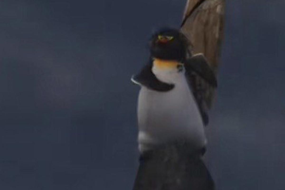 Кадр из ролика, в котором текст из фильма Херцога о пингвине-нигилисте соединили с мультфильмом о пингвинах-серферах