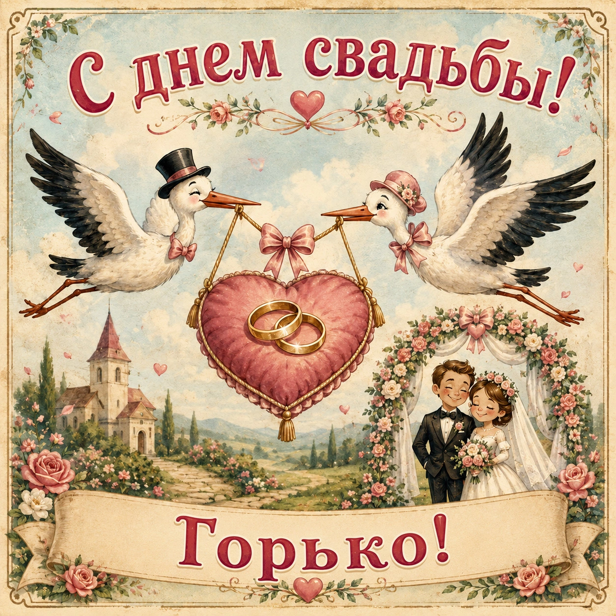 Винтажная открытка с днем свадьбы с надписью «Горько!»