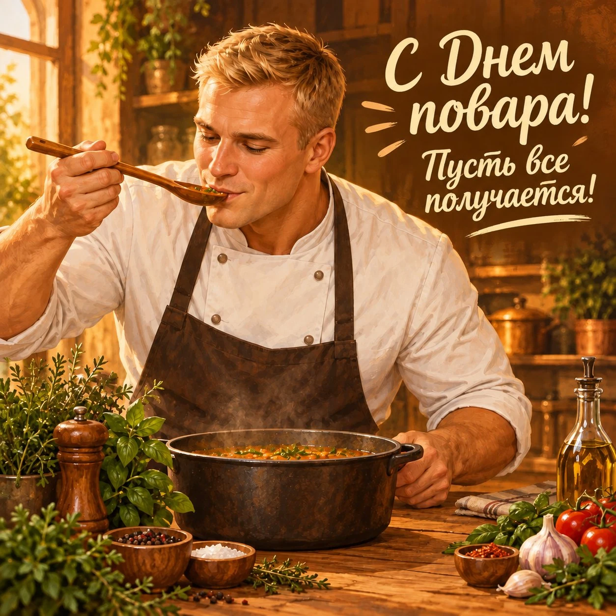 Открытка ко Дню повара мужчине с пожеланием «Пусть все получается!»