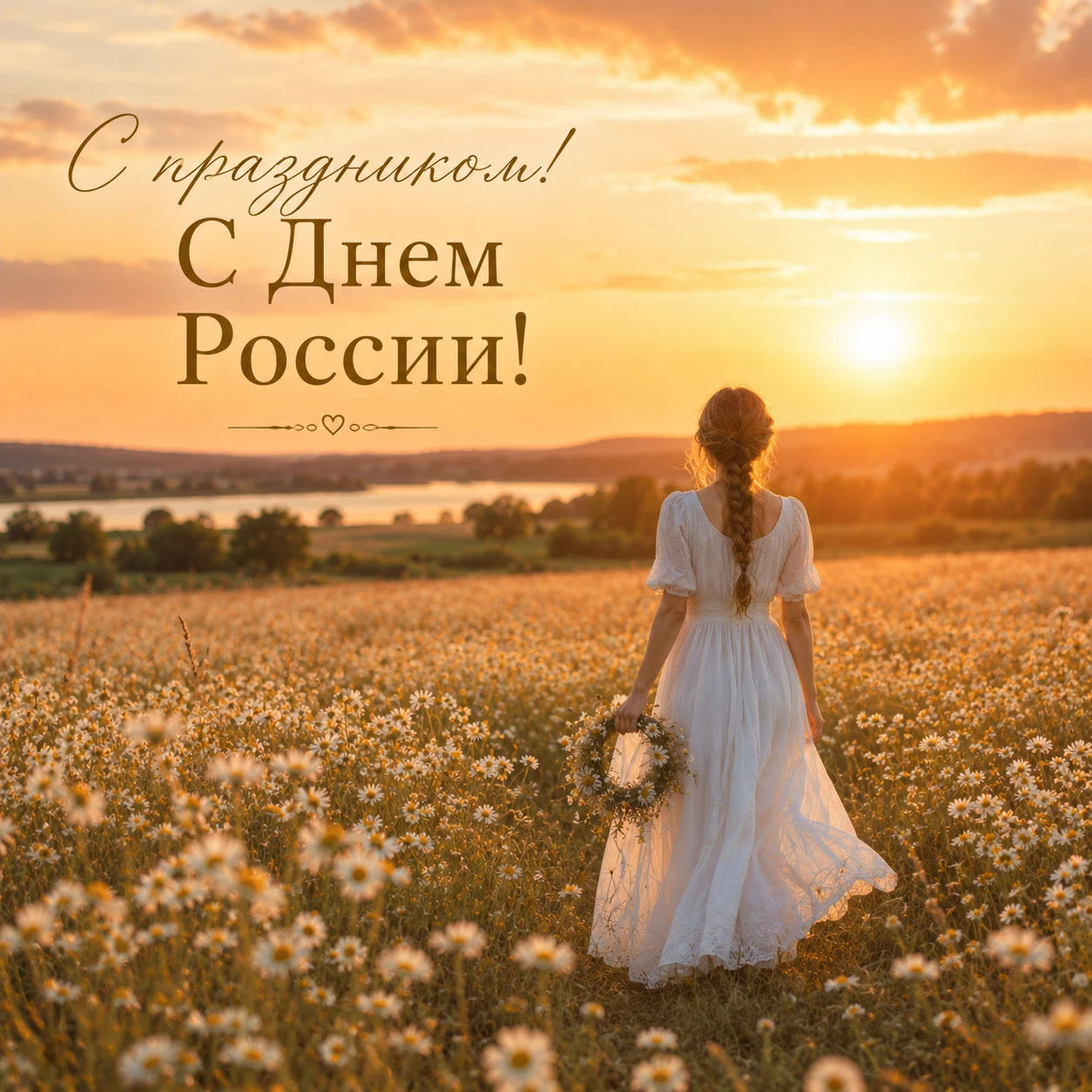 Девушка в поле на закате и надпись «С праздником! С Днем России!»