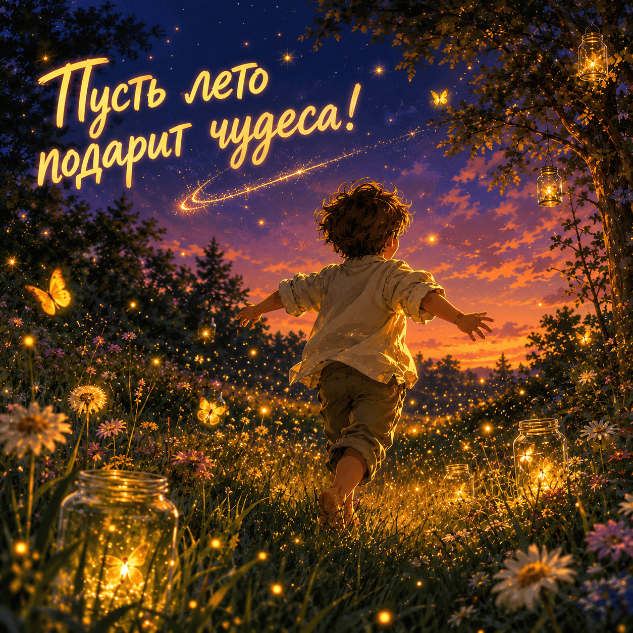 Открытка с ребенком на фоне заката и надписью «Пусть лето подарит чудеса!»