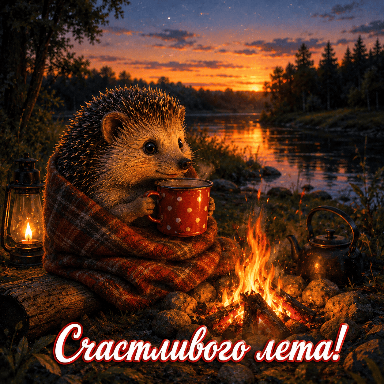 Уютная открытка с ежиком у костра и надписью «Счастливого лета!»