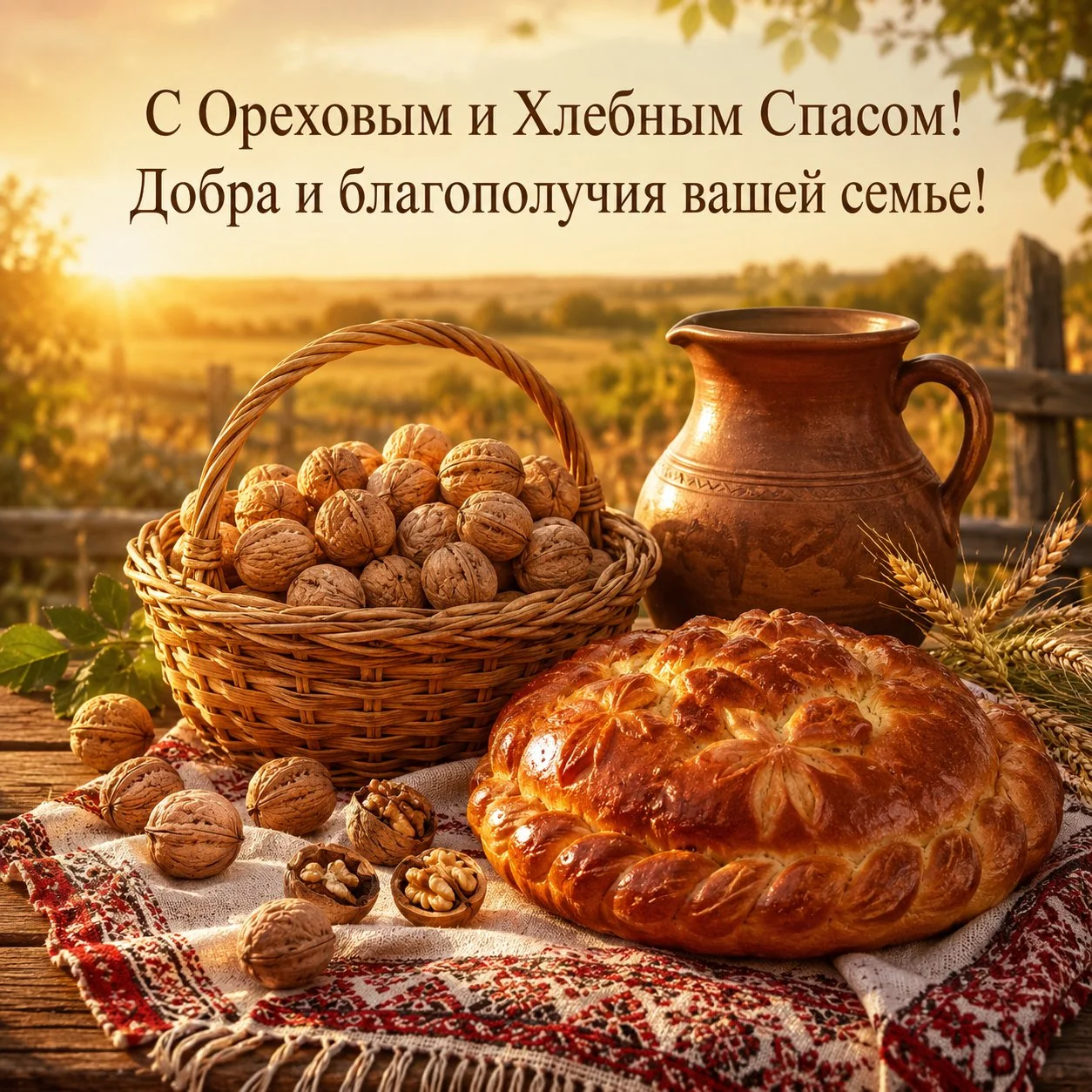 Открытка с Ореховым и Хлебным Спасом с корзиной грецких орехов и караваем