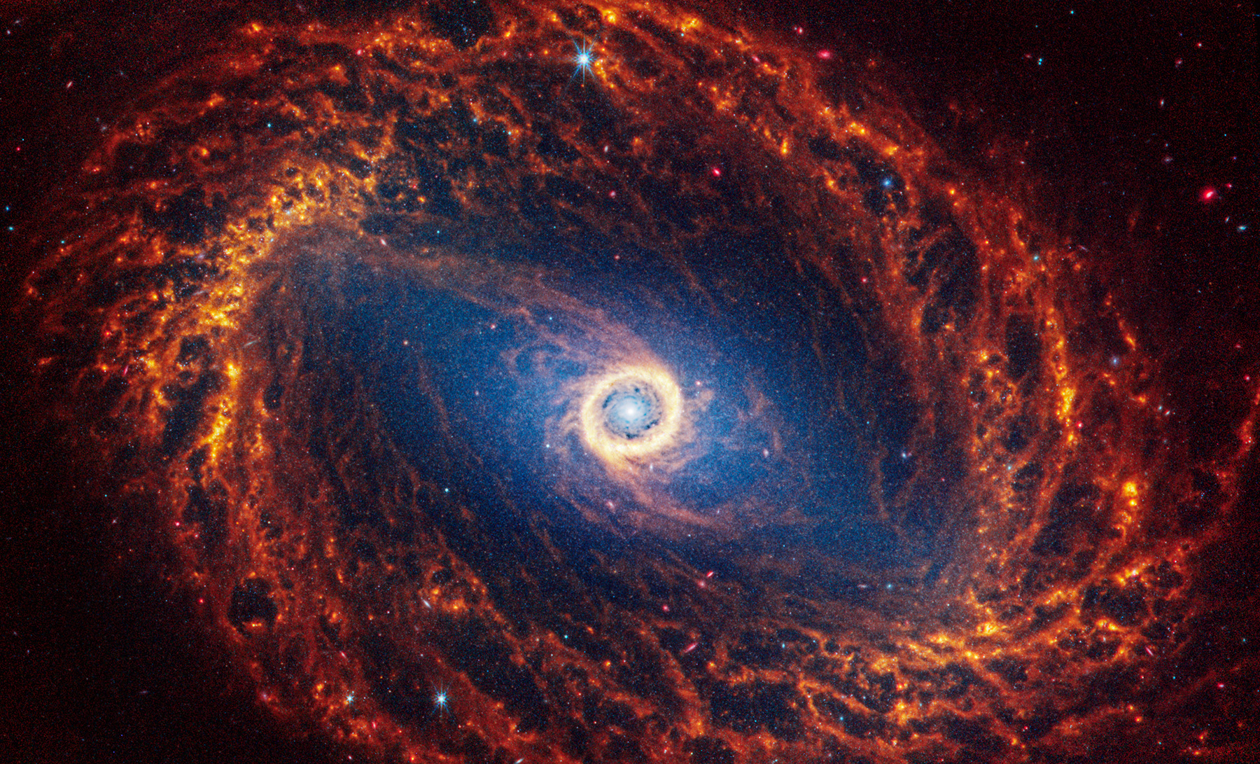 Галактика NGC 1512 в созвездии Часы. Находится на расстоянии около 30 млн световых лет от Солнечной системы. Яркое кольцо в центре галактики&nbsp;&mdash; это недавно сформировавшиеся звезды