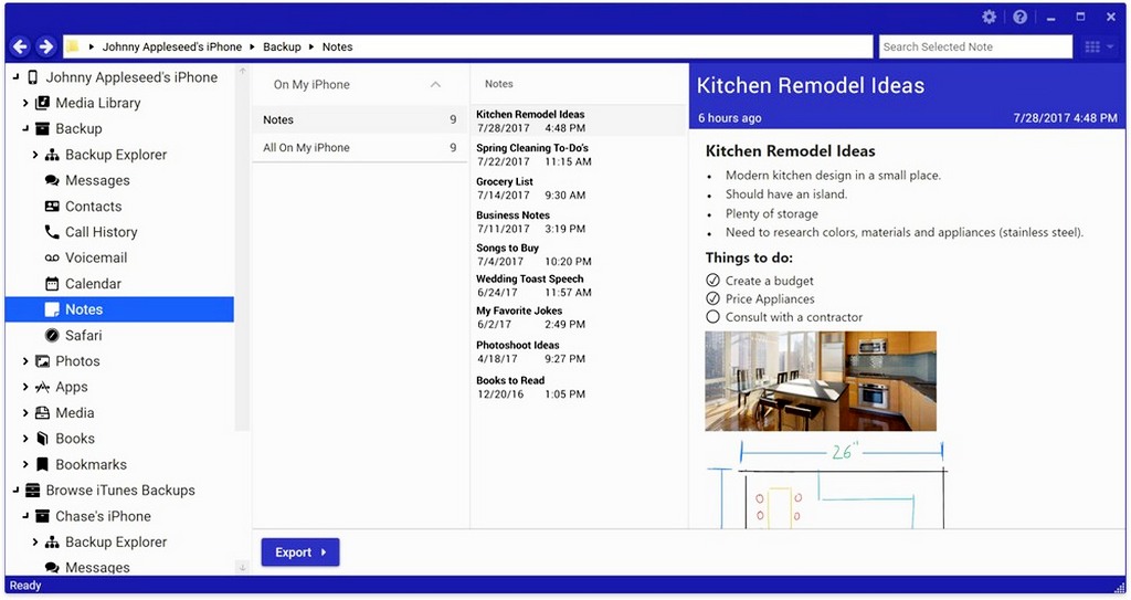 Выбираем заметки для загрузки в Backup Explorer