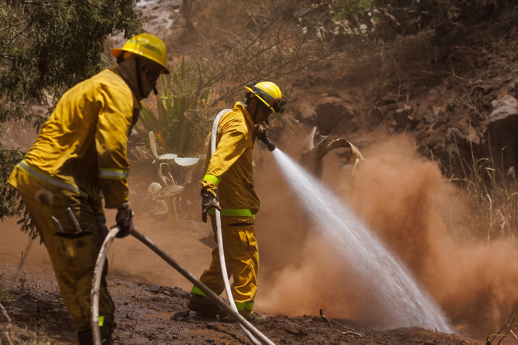 <p>Пожарные тушат очаги возгорания на испанском острове Тенерифе. Операцию затрудняет труднодоступная горная местность, где вспыхнуло пламя</p>
