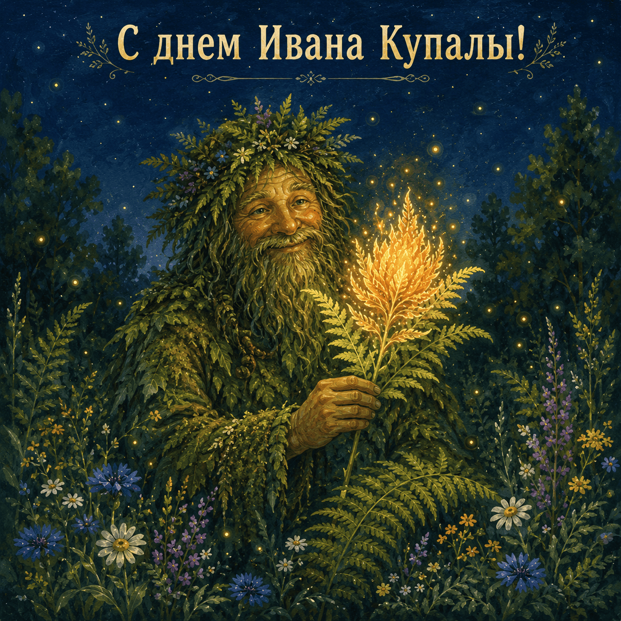 Открытка с Лешим, держащим светящийся цветок папоротника, и надписью «С днем Ивана Купалы!»
