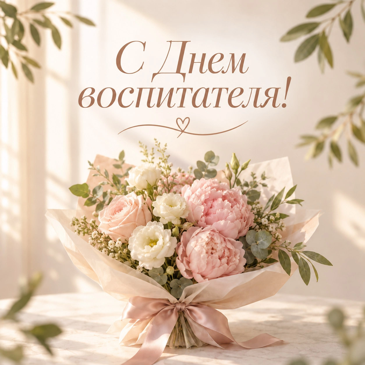 Открытка ко Дню воспитателя с букетом цветов
