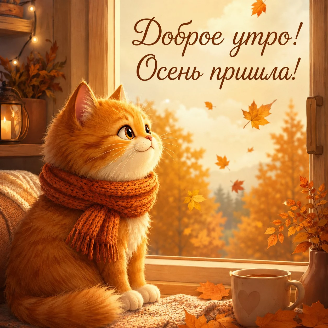 Открытка с добрым утром с надписью «Осень пришла!»