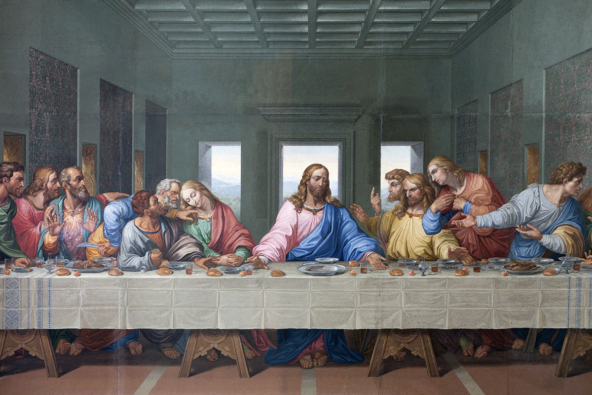 «Тайная вечеря», роспись Леонардо да Винчи в монастыре Санта-Мария-делле-Грацие (Милан, Италия), где изображен Христос с апостолами
