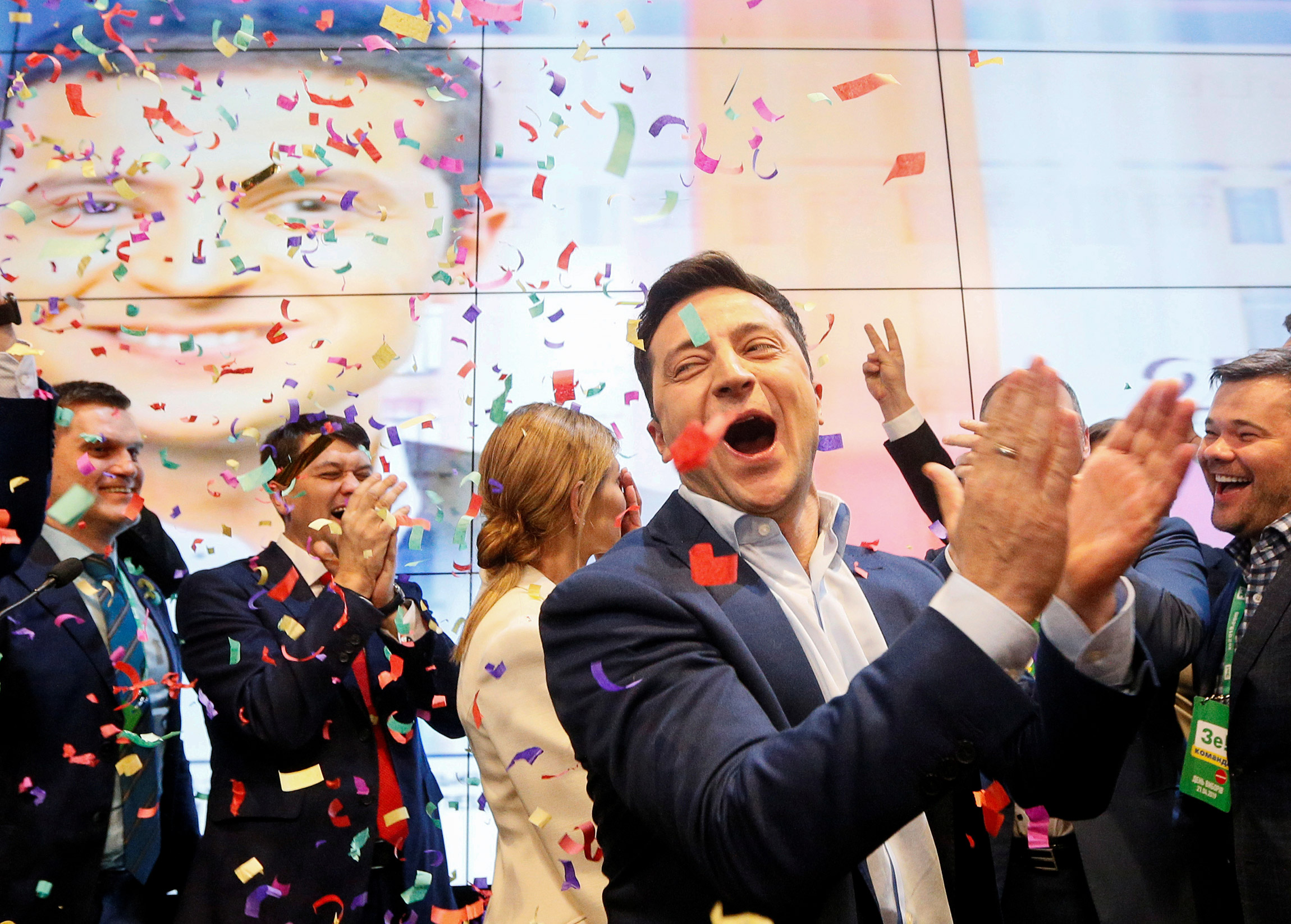 Кандидат в президенты Украины Владимир Зеленский после объявления экзитполов во время выборов, 21 апреля 2019 года. Киев, Украина
