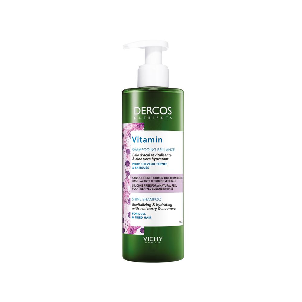 Укрепляющий и увлажняющий шампунь для блеска волос с салициловой кислотой, ягодами асами и алоэ вера Nutrients Vitamin, Dercos, Vichy, 1312 руб. (Ozon)