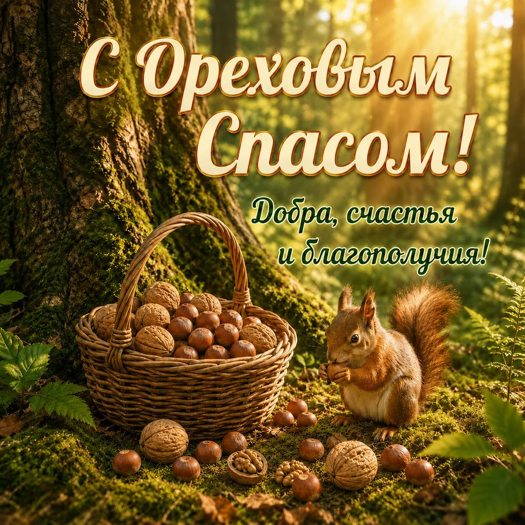 Красивая открытка с Ореховым Спасом с пожеланием добра и счастья