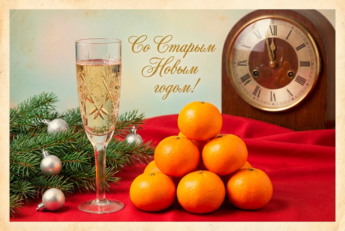15 открыток на Старый Новый год — 2026: советские и в стиле ретро