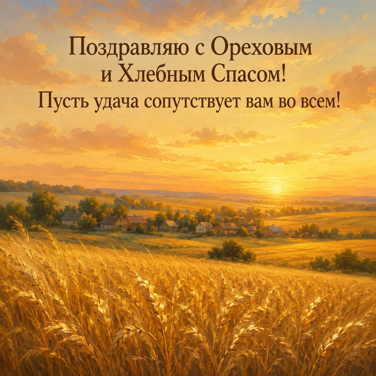 Открытка с Ореховым и Хлебным Спасом с полем пшеницы