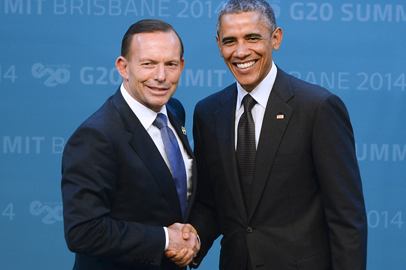 Премьер-министр Австралии Тони Эббот встречает перед саммитом G20 президента США Барака Обаму.&nbsp;