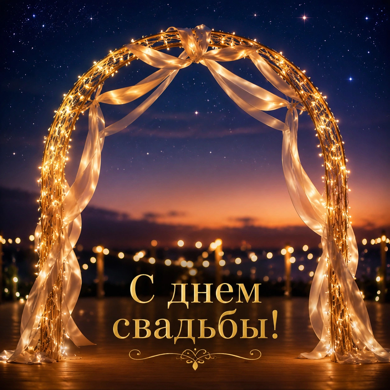 Торжественная открытка со свадебной аркой и поздравлением с днем свадьбы