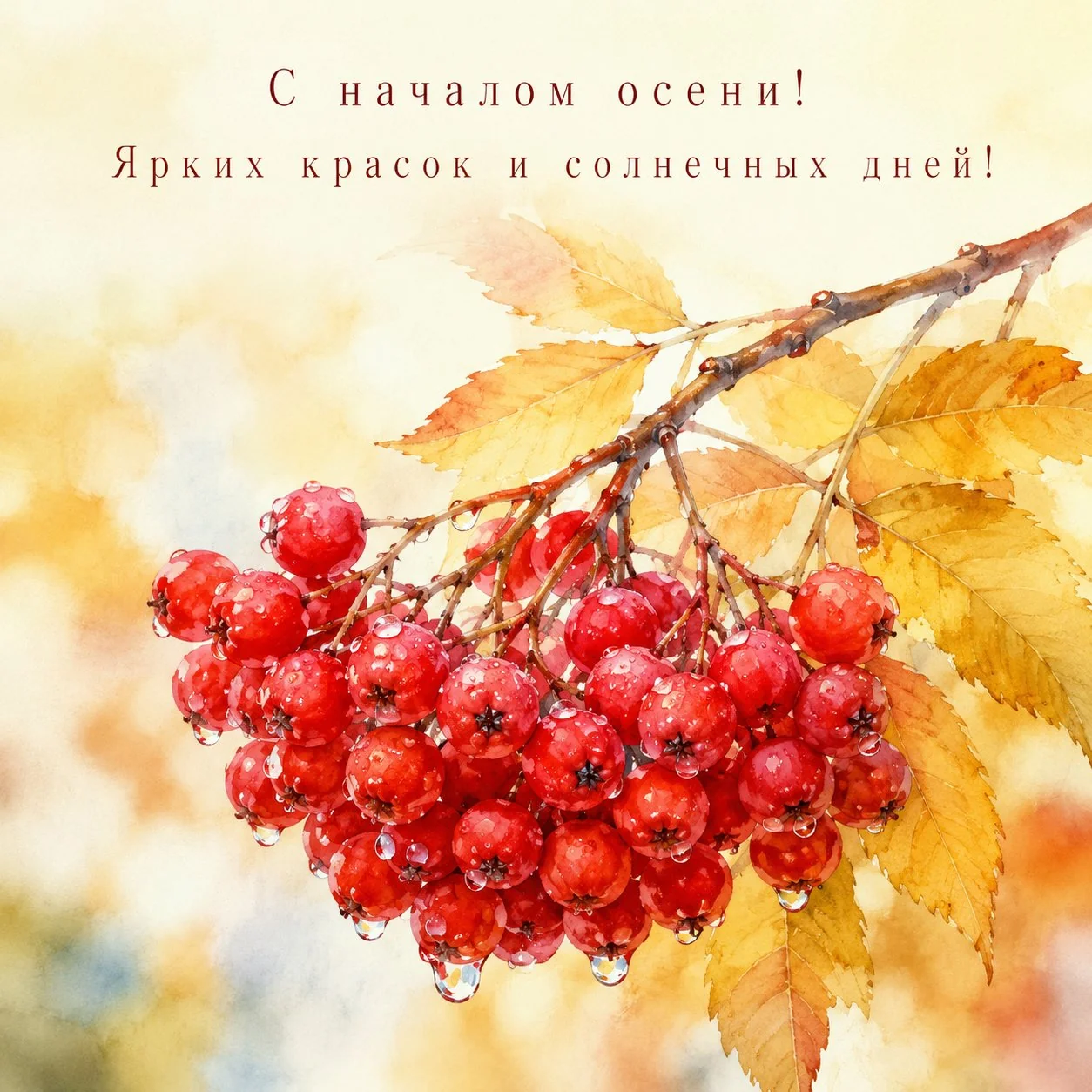 Нежная открытка с началом осени с рябиной