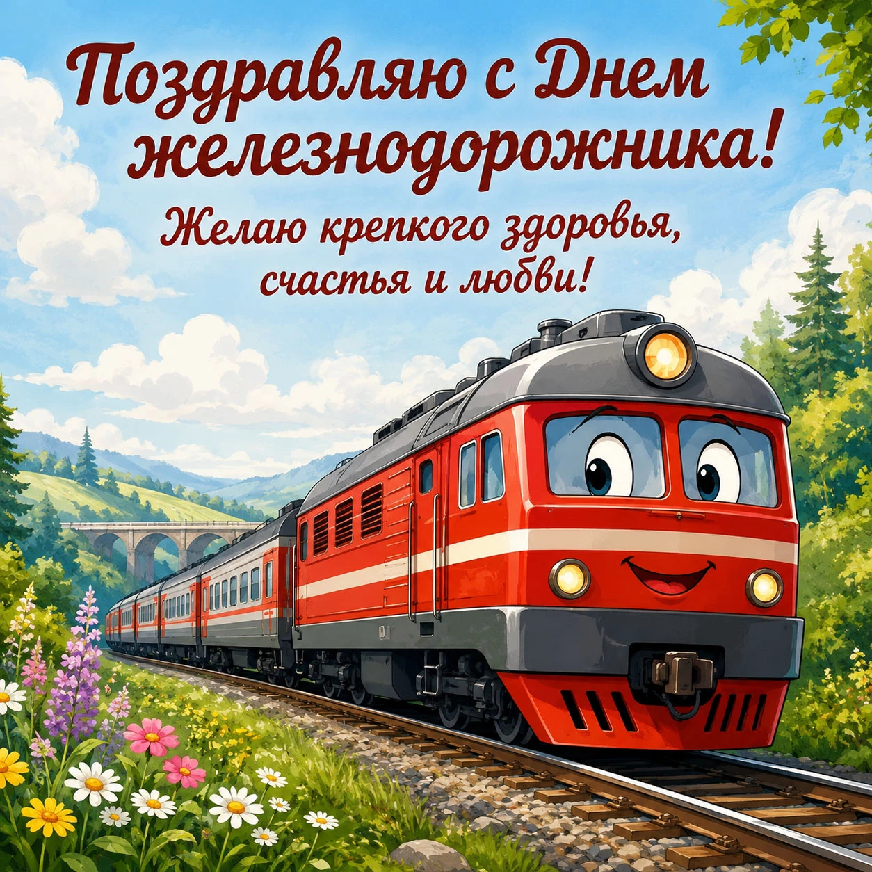 Веселая открытка ко Дню железнодорожника с пожеланием крепкого здоровья, счастья и любви