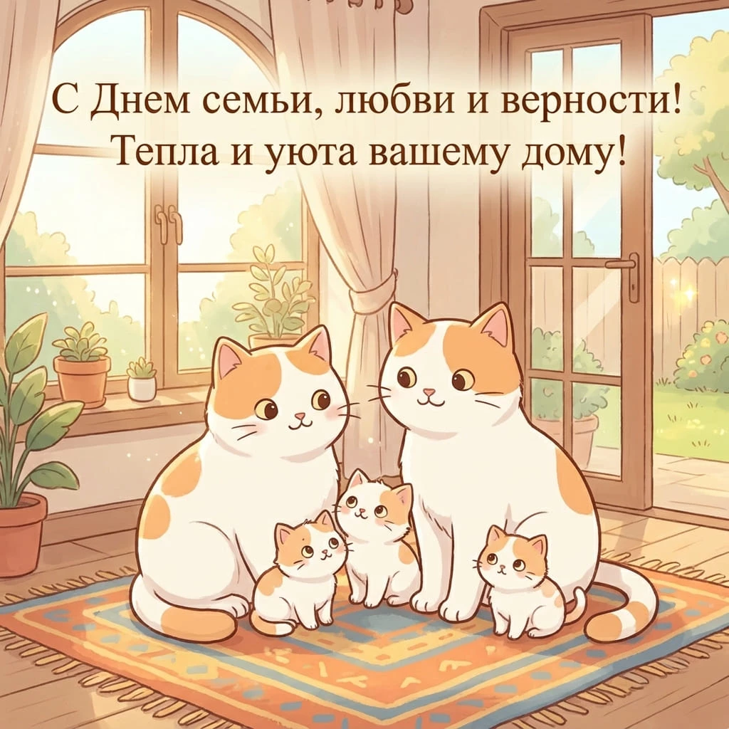 Милая мультяшная открытка с поздравлением с Днем семьи, любви и верности