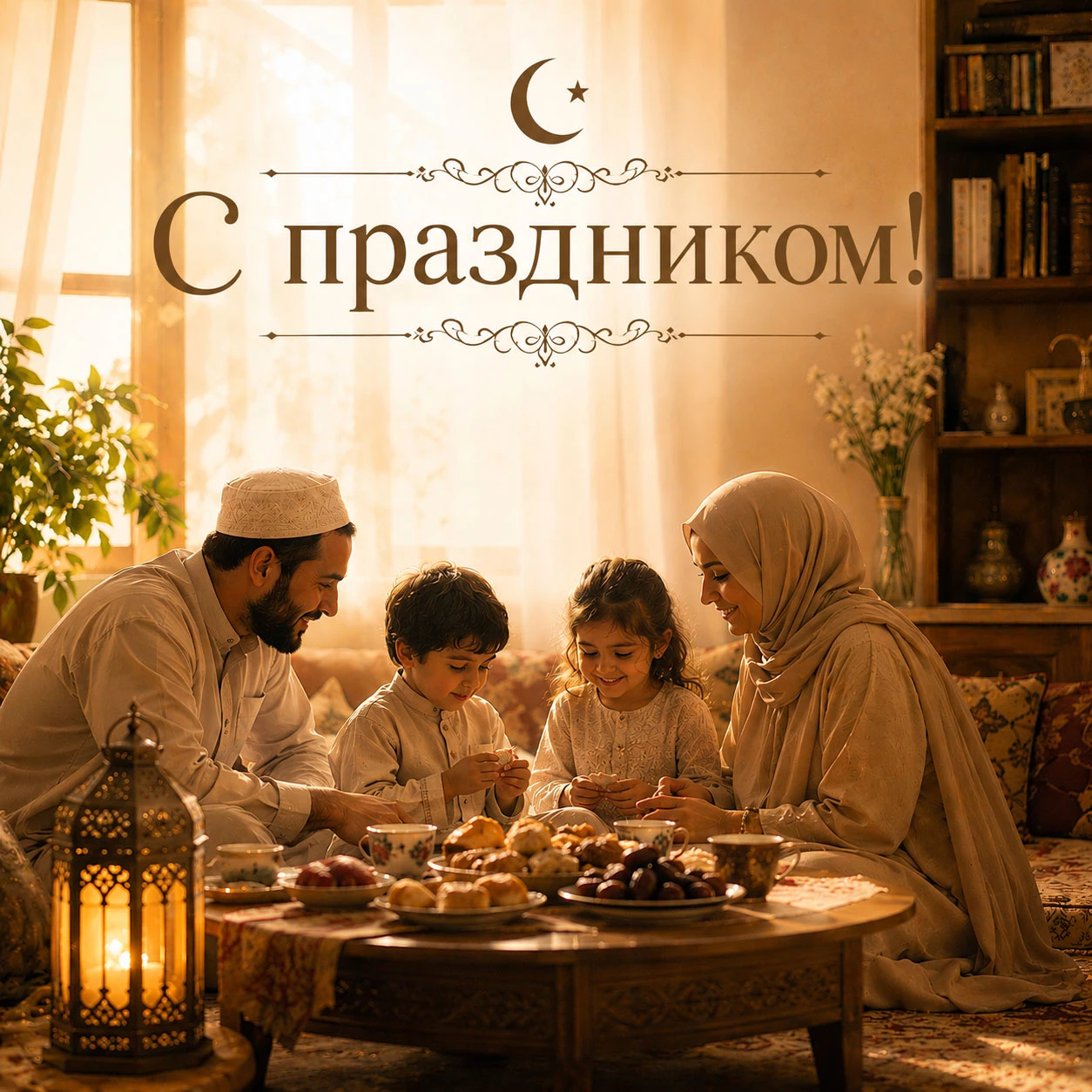 Семейное поздравление с Курбан-байрамом с праздничным ужином в мусульманском стиле