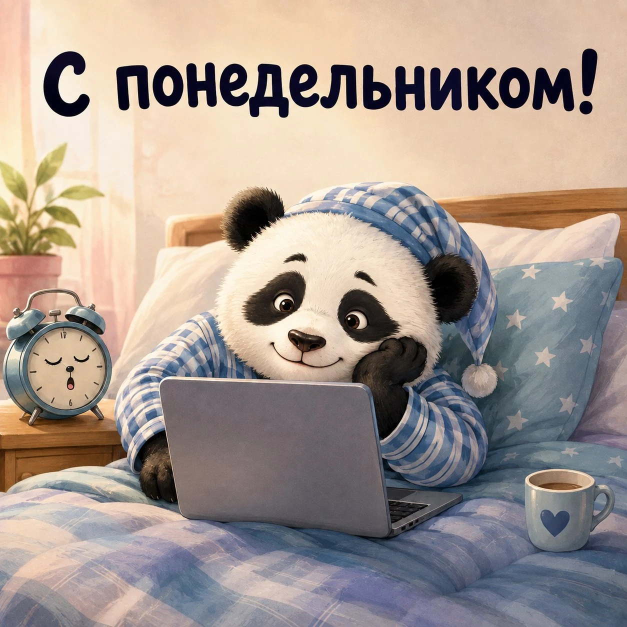 Милая открытка с пандой в пижаме и пожеланием хорошего понедельника