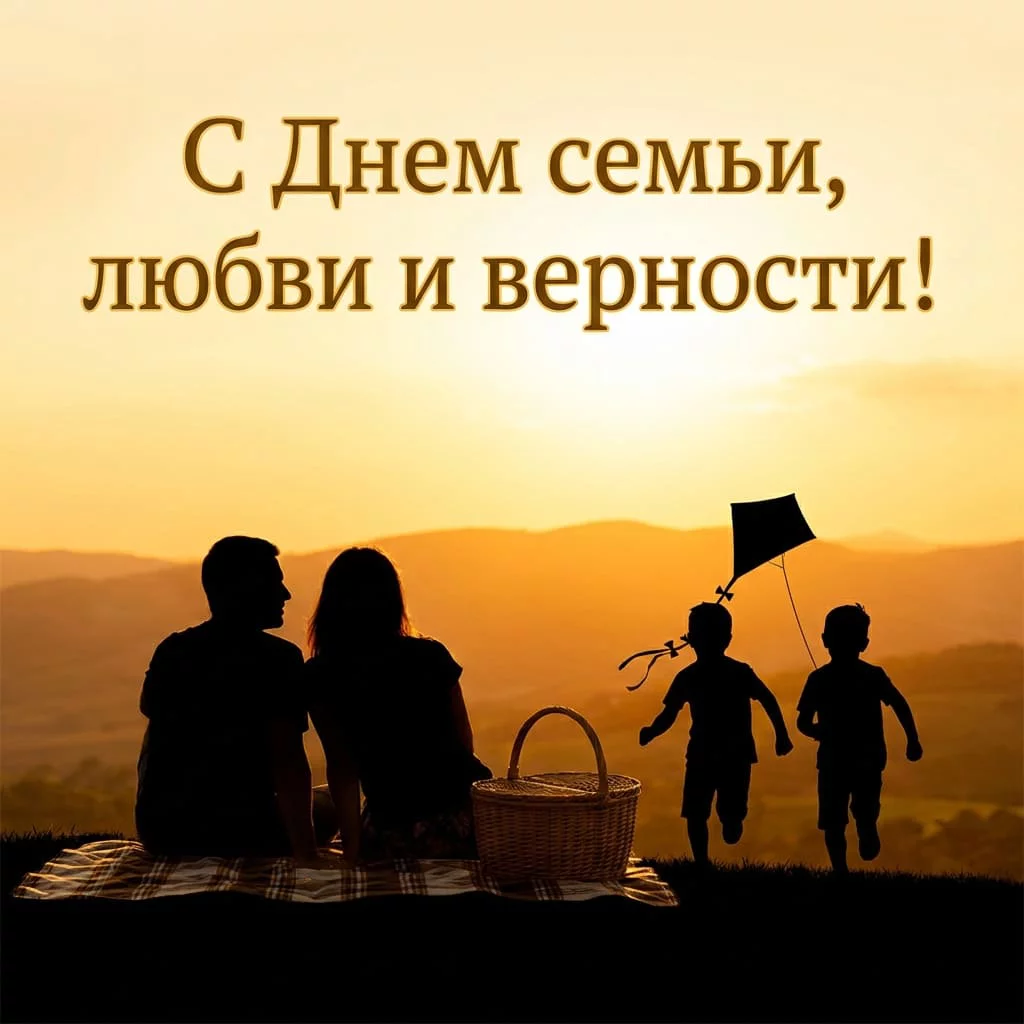 Открытка с Днем семьи, любви и верности с семейным пикником на закате